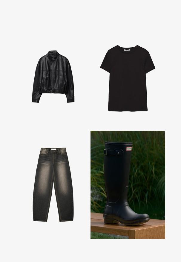 Veste en cuir noire avec fermeture éclair à l'avant, col montant, deux poches latérales, manches longues et sangle à boucle réglable à l'ourlet.; T-shirt noir en coton à manches courtes avec encolure ronde, coupe standard et étiquette intérieure visible au niveau du col.; Jeans en denim gris à jambes larges avec un léger délavage, cinq poches, des coutures en contraste et une coupe décontractée. Pas de motifs ou d'embellissements visibles.; Botte en caoutchouc noire avec un bout rond et une semelle texturée. Elle présente un détail de boucle et une étiquette de marque sur le dessus. Surface lisse et design haut.
