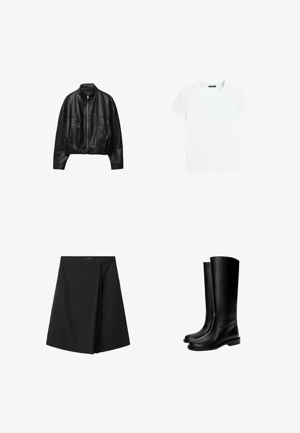 Sort læderjakke med frontlynlås, stående krave, to sidelommer, lange ærmer og justerbar spænde strop ved kanten.; Hvid t-shirt med korte ærmer og rund halsudskæring, lagt fladt på en hvid baggrund.; Sort knælængde nederdel med en lige linning og et overlappende foldedetalje foran, vist på en hvid baggrund.; Sorte knæhøje læderstøvler med en glat tekstur, rund tå, flad sål og minimalistisk design, der har syede sømme og ingen synlige metaldele.