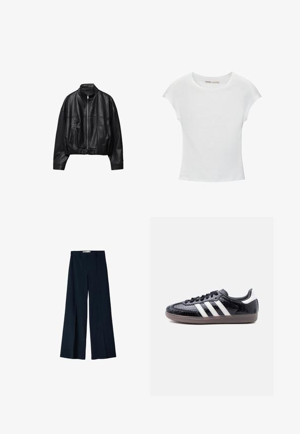 Zwarte leren jas met een ritssluiting aan de voorkant, opstaande kraag, twee zijzakken, lange mouwen en een verstelbare gespsluiting aan de zoom.; Witte katoenen T-shirt met korte, opgerolde mouwen, een ronde halslijn en een rechte zoom. Gladde textuur zonder zichtbare patronen of accenten.; Marineblauwe wijde broek gemaakt van een gladde stof, met twee voorplooien en een enkele knoopsluiting in de taille.; Zwarte sneaker met een laag profiel, met een gestructureerd slangenhuidpatroon, witte strepen aan de zijkant, zwarte veters en een doorschijnende bruine zool.