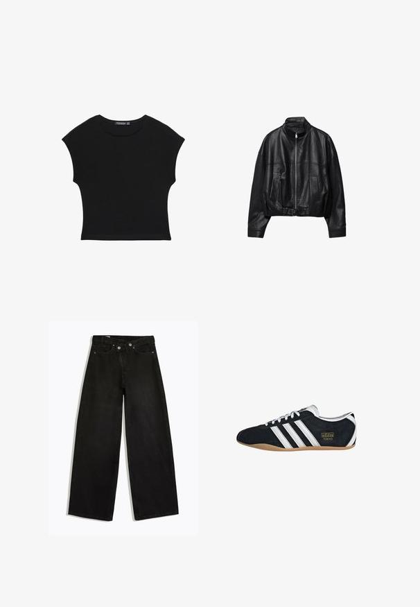 Veste en cuir noire avec fermeture éclair à l'avant, col montant, deux poches latérales, manches longues et sangle à boucle réglable à l'ourlet.; Haut court noir à manches courtes avec encolure ronde et taille légèrement cintrée, fabriqué en tissu doux et léger.; Jean noir taille haute à jambes larges avec fermeture boutonnée et à glissière, passants de ceinture et design cinq poches, présenté à plat sur fond blanc.; Sneakers en suede noir avec trois bandes blanches, logo doré et semelle en caoutchouc marron. Présente un design à lacets à profil bas.