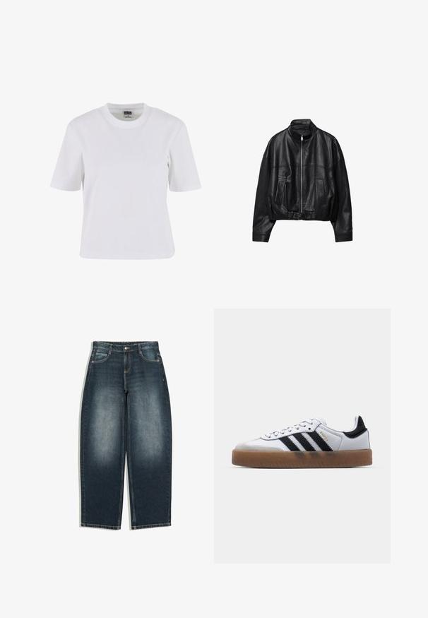 Veste en cuir noire avec fermeture éclair à l'avant, col montant, deux poches latérales, manches longues et sangle à boucle réglable à l'ourlet.; T-shirt blanc à manches courtes en coton, avec un col rond, une coupe décontractée et une texture lisse avec des détails de couture minimaux.; Jean bleu foncé à jambes larges avec légère décoloration sur l’avant des cuisses, cinq poches, fermeture par bouton et passants de ceinture, présenté à plat sur fond blanc.; Baskets en cuir blanc avec des rayures noires, semelle extérieure en caoutchouc beige, bout rond, fermeture lacée et embout en suède gris doux.