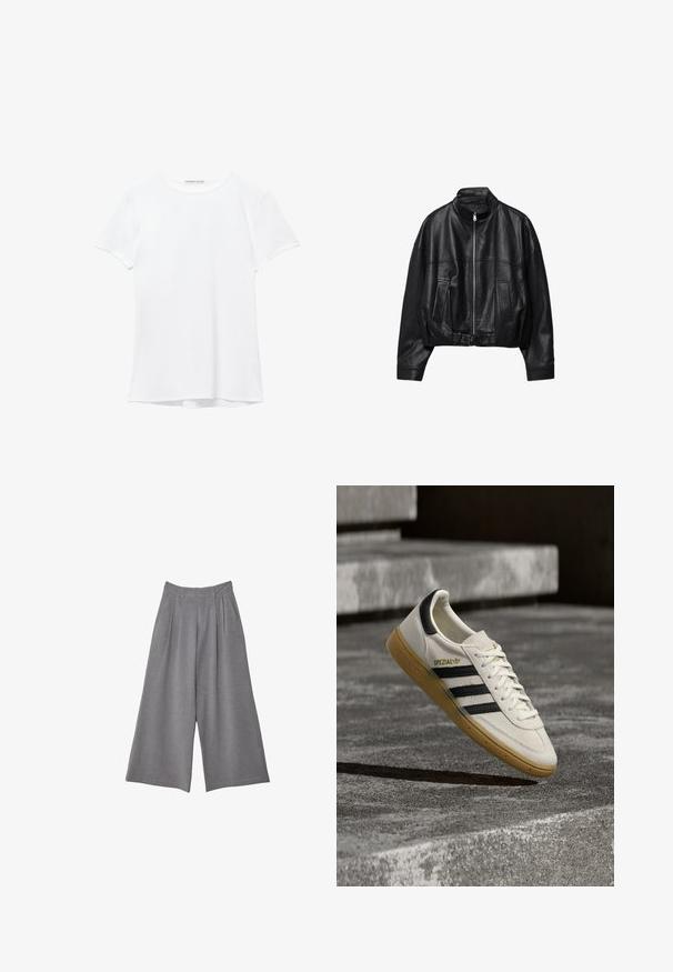 Veste en cuir noire avec fermeture éclair à l'avant, col montant, deux poches latérales, manches longues et sangle à boucle réglable à l'ourlet.; T-shirt blanc à manches courtes en tissu lisse, avec un col rond et de subtils détails de couture à l'ourlet.; Pantalons gris à jambe large en tissu texturé, avec des plis à la taille et deux poches latérales. Conçus avec une taille mi-haute.; Baskets Adidas Spezial blanches avec des rayures noires et une semelle en gomme flottant au-dessus de marches en pierre grises à l'extérieur.