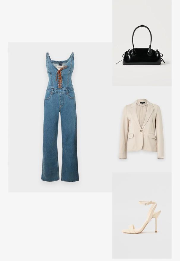 Beige colbert met één knoop, met revers met inkeping, twee klepzakken aan de voorkant en lange mouwen, gemaakt van gladde stof.; Denim jumpsuit met een nauwsluitend lijfje en wijde pijpen, voorzien van een ronde halslijn en een bruine vetersluiting aan de voorkant. Lichtblauwe kleur en gestructureerde stof.; Beige hoge hak sandaletten met een slanke enkelband en vierkante neus. Gladde synthetische materialen, minimalistisch ontwerp en een stiletto hak.; Kleine zwarte glanzende handtas met twee lange hengsels en zijkant trekkoord details op een effen lichte achtergrond.