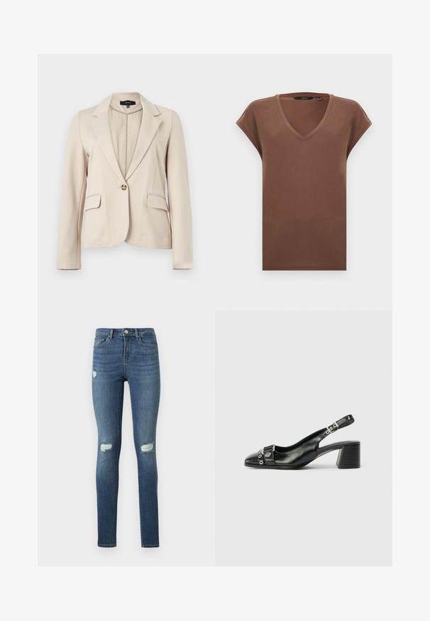 Blazer beige à un bouton avec revers crantés, deux poches à rabat avant et manches longues, en tissu lisse.; T-shirt marron à manches courtes avec col en V et coupe décontractée, présenté à plat sur un fond blanc.; Jean skinny bleu avec des détails délavés et des déchirures usées sur les cuisses et les genoux, doté de poches avant et d'une fermeture à bouton.; Sandale à talon en cuir noir avec un bout pointu, une sangle texturée ornée d'accents métalliques circulaires et un talon empilé.