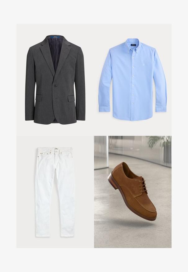 Mørkegrå blazer lavet af struktureret stof. Har en enkelt knap, hakrevers og to sidelommer. Indvendigt foret i marineblå.; Lyseblå langærmet skjorte med knapper og krave samt lille hvid broderet Polo Ralph Lauren-logo på venstre bryst.; Hvide slim fit jeans med fem lommer, knaplukning og bæltestropper, fladt lagt på en ensfarvet lys baggrund.; Brune ruskinds dressko med rund tå, snøresystem og træhælt. Har en glat overflade og diskret syning.
