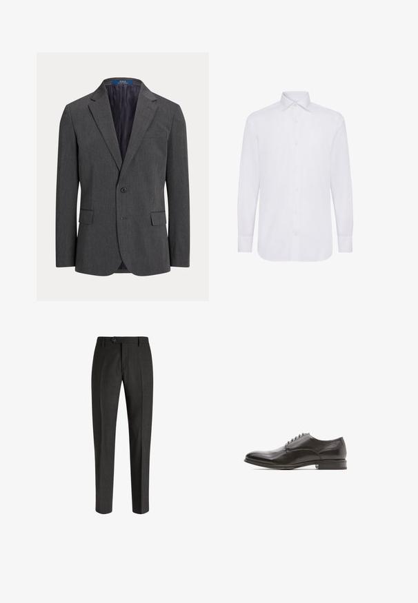 Blazer gris foncé en tissu texturé. Présente un seul bouton, des revers crantés et deux poches latérales. Intérieur doublé en marine.; Chemise blanche à manches longues avec un col classique, une patte de boutonnage et un ourlet droit. Fabriquée en tissu de coton lisse.; Boggi Milano Chino - charcoal; Chaussure habillée en cuir noir avec un orteil arrondi, texture lisse, laçage à six œillets et talon plat avec un léger éclat.