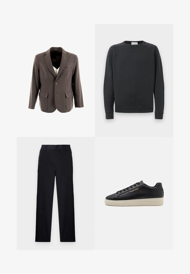 Blazer gris avec une fermeture à deux boutons, un revers cranté, des poches avant et une texture lisse. La doublure intérieure est noire.; Sweatshirt noir à manches longues, col rond, avec des poignets et un ourlet côtelés, un détail de point en V subtil sous le col, et une étiquette de la marque à l'intérieur du col.; Pantalon noir en tissu léger et texturé, avec une coupe droite, une taille élastique et des poches zippées sur les côtés.; Sneaker en cuir noir avec une finition lisse, semelle crème contrastante, bout arrondi, logo doré sur le côté et six œillets pour les lacets.