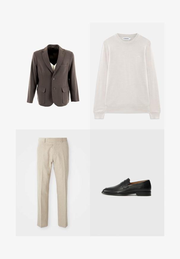 Blazer gris avec une fermeture à deux boutons, un revers cranté, des poches avant et une texture lisse. La doublure intérieure est noire.; Pull en laine beige clair à manches longues avec un col ras du cou, poignets et ourlet côtelés, un logo discret sur la poitrine gauche et une étiquette J.Lindeberg à l'intérieur du col.; Pantalons taillés beige en tissu texturé, avec un devant plat, des jambes droites et une taille traditionnelle avec passants de ceinture.; Mocassin en cuir noir avec un bout arrondi, des coutures subtiles et un talon bas, présentant une texture lisse et un design minimaliste.
