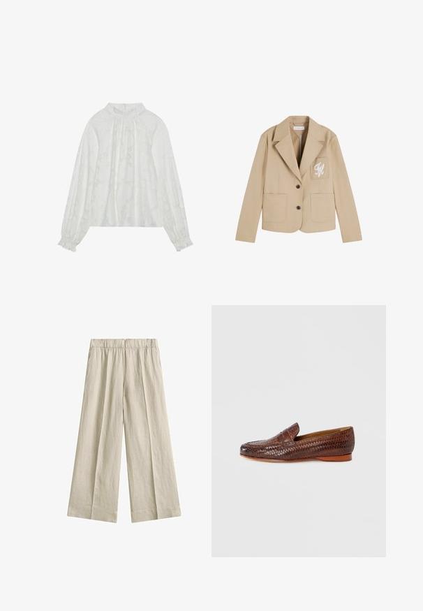 Blazer beige à deux boutons avec de larges revers, deux poches avant et une petite poche poitrine brodée des lettres blanches "TH".; Blouse blanche à manches longues, avec un motif floral texturé, un décolleté froncé et des poignets élastiques. Tissu doux et léger.; Pantalon large en lin beige avec ceinture élastique et plis sur le devant, adapté pour une tenue décontractée ou semi-formelle.; Mocassin en cuir tressé brun avec une semelle plate, comportant une bande en cuir lisse sur le dessus et une partie supérieure texturée.