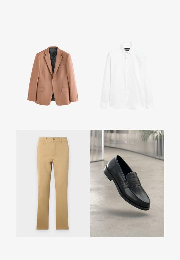 Lysebrun blazer lavet af stof med en glat tekstur, med to forlommer, hakkede revers og foret med en polkaprikket mønster.; Hvid skjorte med button-down krave, lange ærmer og front knaplukning. Stoffet fremstår glat med en let glans.; Kaki-farvede lige ben bukser lavet af bomuld, med knaplukning, forlommer og en glat overflade.; Sort lædersko med glat tekstur, spids tå og en dekorativ rem over vristen. Letvægts sål, minimalistisk design.