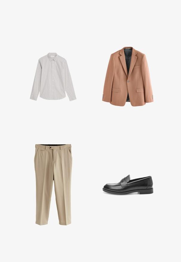 Lysebrun blazer lavet af stof med en glat tekstur, med to forlommer, hakkede revers og foret med en polkaprikket mønster.; Marks & Spencer STRIPED OXFORD - Skjorter - natural mix; Beige bukser lavet af glat stof, med flad front, sidelommer og en enkelt baglomme. Standard talje med knaplukning.; Sorte læder loafers med en glat finish, rund tå og et dekorativt bånd tværs over forsiden. Flad gummisål, klassisk design.