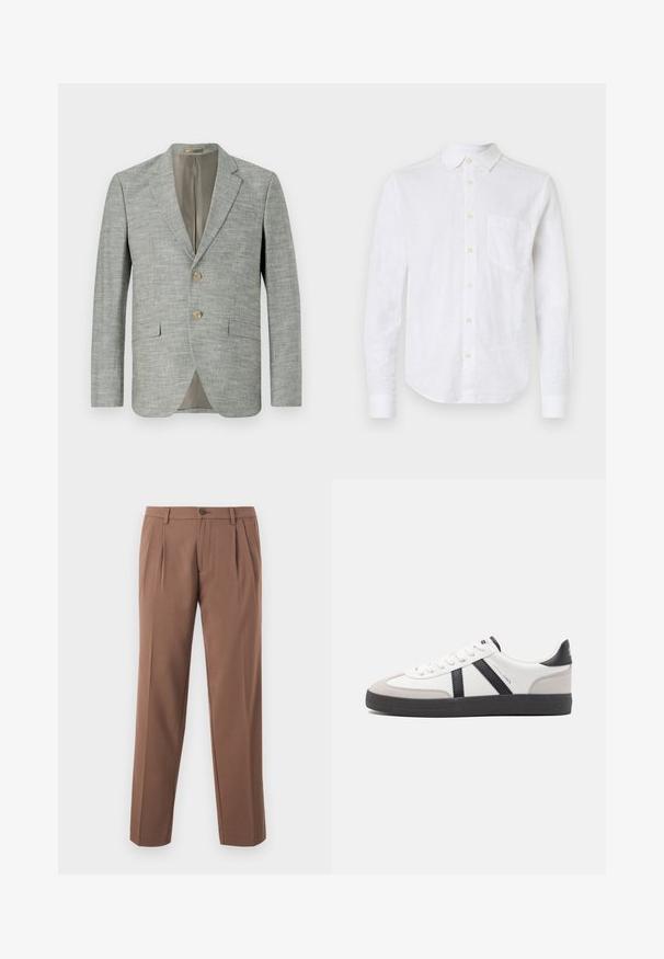 Lysegrå blazer i tekstureret stof med to forlommer, slå-om krave og to knapper. Indvendigt foret i beige.; Hvid linned skjorte med lange ærmer, knap-ned krave, brystlomme og perleknapper. Har en buet kant og struktureret stof.; Brune plisserede bukser med lige ben-design, der har en enkelt knaplukning og en glat, struktureret stof.; Hvide sneakers med sorte og grå detaljer, med en tekstureret grå tåhætte, sort gummisål og flade hvide snørebånd. Rent design, minimalistisk stil.