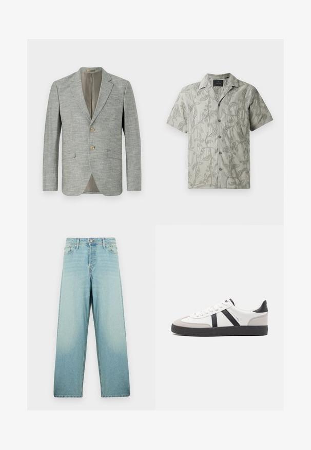 Hellgrauer Blazer aus strukturiertem Stoff, mit zwei vorderen Taschen, Reverskragen und zwei Knöpfen. Innenfutter in Beige.; Kurzärmliges, hellgraues Hemd mit gestickten Blumenmustern, einem Camp-Kragen und einer durchgehenden Knopfleiste mit grauen Knöpfen.; Helle blaue weit geschnittene Jeans aus Denim mit einer ausgewaschenen Optik. Verfügt über einen Knopfverschluss vorne und ein Fünf-Taschen-Design.; Weiße Sneaker mit schwarz- und grau-aczenten, ausgestattet mit einer strukturierten grauen Zehenkappe, schwarzer Gummi-Sohle und flachen weißen Schnürsenkeln. Sauberes Design, minimalistische Stil.