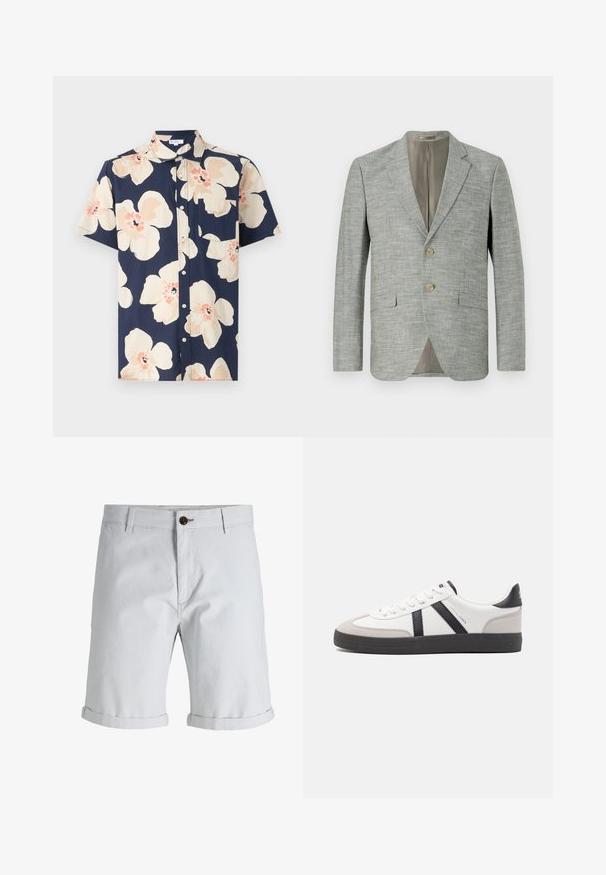 Blazer gris clair en tissu texturé, avec deux poches avant, des revers en notch et deux boutons. Doublure intérieure beige.; Chemise homme à manches courtes avec boutons, fond bleu marine et grand motif floral beige et pêche, avec une poche poitrine côté gauche.; Short gris clair longueur genou avec ourlets retroussés, passants pour ceinture, poches latérales et fermeture par bouton marron à la taille.; Baskets blanches avec des accents noirs et gris, présentant un embout texturé gris, une semelle en caoutchouc noir et des lacets plats blancs. Design épuré, style minimaliste.