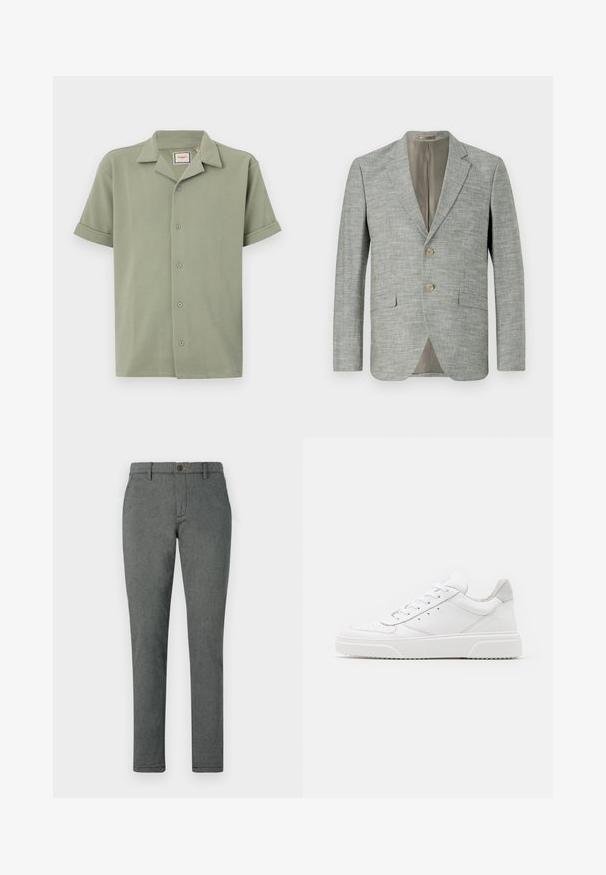 Hellgrauer Blazer aus strukturiertem Stoff, mit zwei vorderen Taschen, Reverskragen und zwei Knöpfen. Innenfutter in Beige.; Kurzarmhemd in hellgrün, aus strukturiertem Stoff mit einem eingeschnittenen Kragen und einer Vorderseite mit sechs Knöpfen. Aufgerollte Ärmel sorgen für eine lässige Passform.; Graue Hose aus strukturiertem Stoff, mit geradem Schnitt, Knopfverschluss und Gürtelschlaufen. Einheitliche Farbe ohne sichtbare Muster.; Weiße Leder-Sneaker mit glatter Oberfläche, rundem Zehenbereich, flachen Schnürsenkeln und strukturiertem Schuhsohlen. Graues Wildleder-Detail an der Ferse.