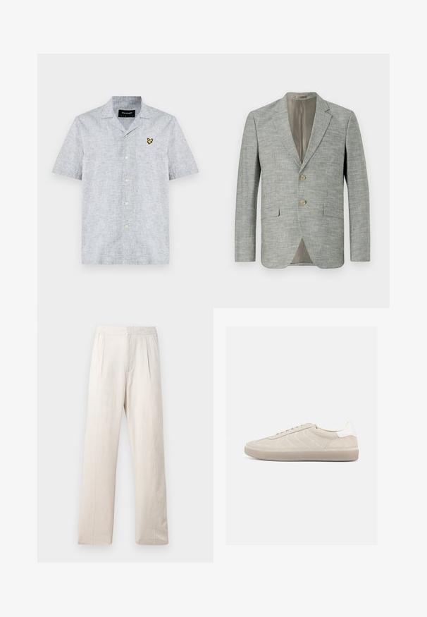 Hellgrauer Blazer aus strukturiertem Stoff, mit zwei vorderen Taschen, Reverskragen und zwei Knöpfen. Innenfutter in Beige.; Kurzärmliges, geknöpftes Hemd aus leicht grauem Stoff mit strukturierter Oberfläche. Verfügt über ein gelb gesticktes Logo und eine Knopfleiste.; Helle beigefarbene weiter Hose aus strukturiertem Stoff mit einem elastischen Bund und zwei Vorderfalten für zusätzlichen Detailreichtum.; Beiger Wildleder-Sneaker mit strukturiertem Obermaterial, glattem weißen Fersenbereich, dünnen Schnürsenkeln und Gummisohle. Verfügt über ein flaches Design.