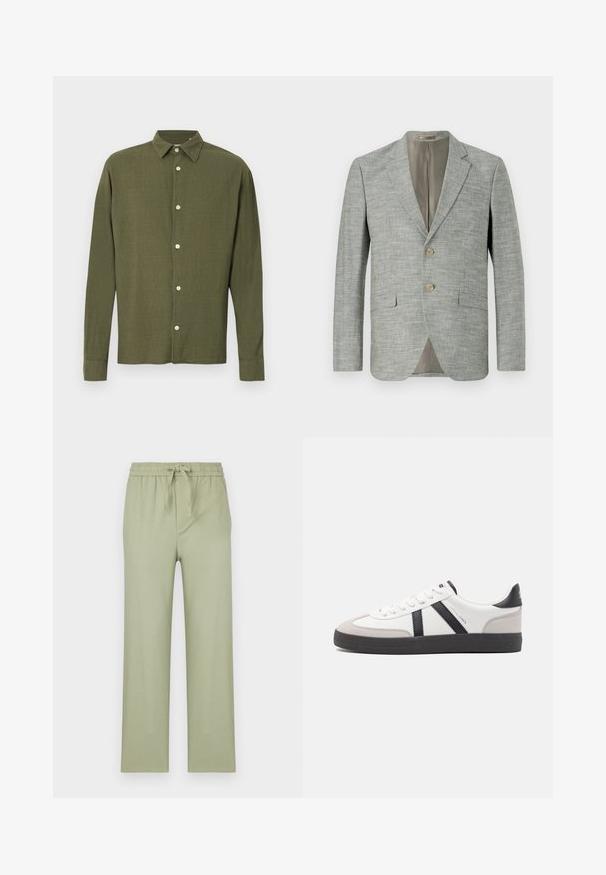 Hellgrauer Blazer aus strukturiertem Stoff, mit zwei vorderen Taschen, Reverskragen und zwei Knöpfen. Innenfutter in Beige.; Olivgrünes Hemd mit langen Ärmeln, Knopfleiste, spitzem Kragen und subtiler Struktur im Stoffmuster, vor einfarbigem Hintergrund dargestellt.; Hosen in hellolivgrün, aus weichem Stoff gefertigt. Verfügt über einen elastischen Bund mit Kordelzug und gerade, lockere Beine.; Weiße Sneaker mit schwarz- und grau-aczenten, ausgestattet mit einer strukturierten grauen Zehenkappe, schwarzer Gummi-Sohle und flachen weißen Schnürsenkeln. Sauberes Design, minimalistische Stil.
