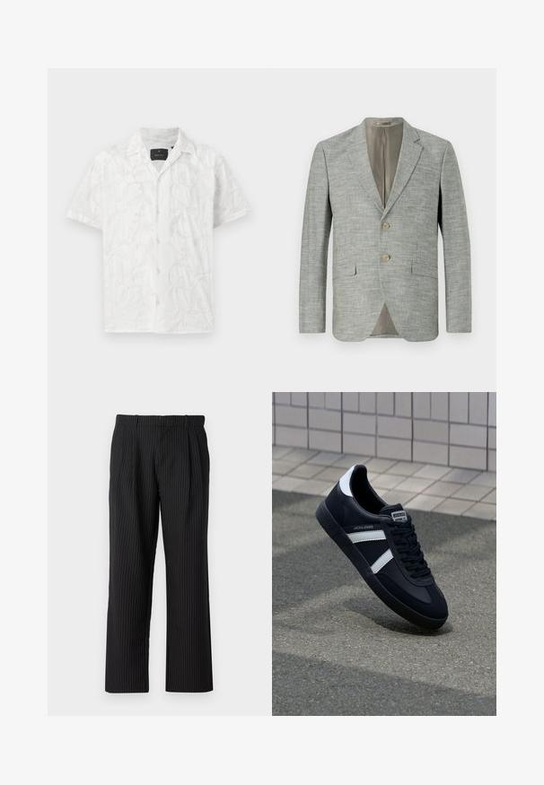 Lysegrå blazer i tekstureret stof med to forlommer, slå-om krave og to knapper. Indvendigt foret i beige.; Hvid kortærmet skjorte med delikat broderi af blad- og blomstermønstre. Bemærkelsesværdige detaljer inkluderer en frontknaplukning og en krave.; Jack & Jones JPSTBILL JJDAYTONA WIDE CHINO - Chino - black; Sort lædersneaker med hvide striber, tekstureret gummisål og snørrebånd foran. Har et brandet mærke på tungen.