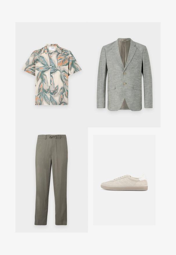 Hellgrauer Blazer aus strukturiertem Stoff, mit zwei vorderen Taschen, Reverskragen und zwei Knöpfen. Innenfutter in Beige.; Kurzarm-Hemd mit Knöpfen aus leicht beigem Stoff, der mit grünen und orangen Blattmustern verziert ist. Klassischer Kragen und Frontknopfschluss.; Herren-Hellgraue Leinenmischungshosen mit einem Kordelzugbund, geraden Beinen und subtiler Textur; mit normalen Taschen und ohne auffällige Muster.; Beiger Wildleder-Sneaker mit strukturiertem Obermaterial, glattem weißen Fersenbereich, dünnen Schnürsenkeln und Gummisohle. Verfügt über ein flaches Design.