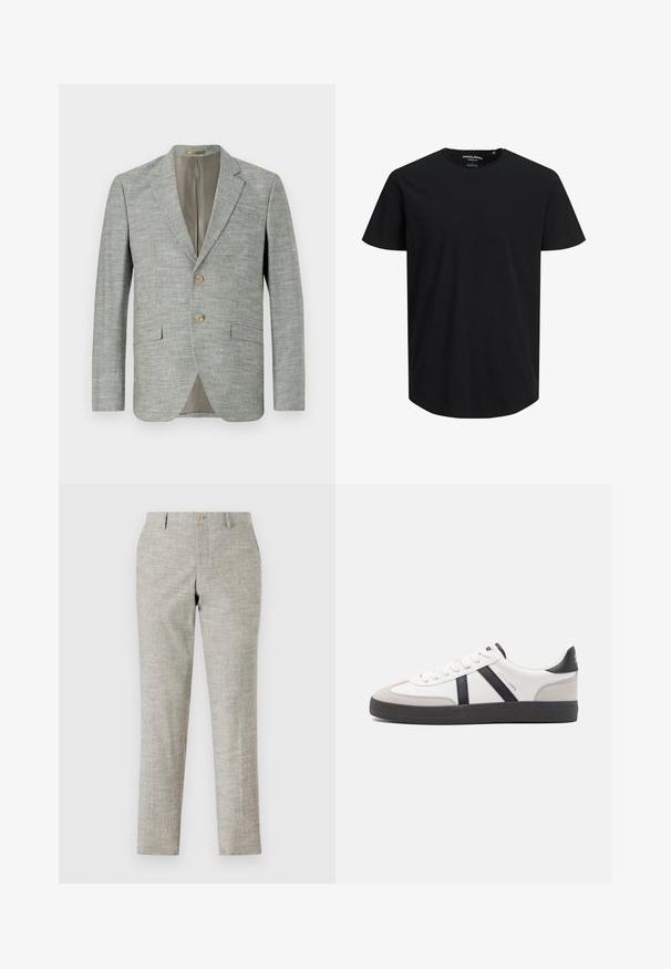 Blazer gris claro hecho de una tela texturada, con dos bolsillos delanteros, solapas de muesca y dos botones. Forro interior en beige.; Camiseta negra de manga corta hecha de algodón orgánico. Presenta un escote redondo y un corte recto. Sin patrones ni acentos visibles.; Pantalones de color gris claro con una tela texturizada, que presentan una parte delantera plana, cremallera y un cierre de un solo botón. Corte ajustado y piernas rectas.; Zapatilla blanca con acentos en negro y gris, que presenta una puntera texturizada en gris, suela de goma negra y cordones planos blancos. Diseño limpio, estilo minimalista.