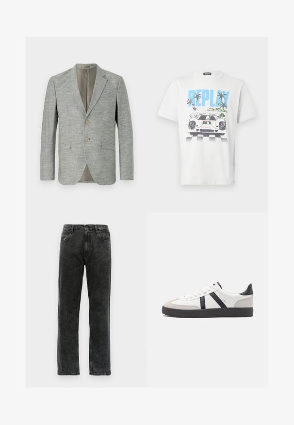 Hellgrauer Blazer aus strukturiertem Stoff, mit zwei vorderen Taschen, Reverskragen und zwei Knöpfen. Innenfutter in Beige.; Weißes Baumwoll-T-Shirt mit einem bunten Motiv eines Rennwagens, Palmen und Schachbrett-Flaggen, mit dem Schriftzug "REPLAY" gut sichtbar.; Schwarze Denim-Jeans mit geradem Schnitt, fünf Taschen, Knopfverschluss und dezentem Verblassen des Stoffs.; Weiße Sneaker mit schwarz- und grau-aczenten, ausgestattet mit einer strukturierten grauen Zehenkappe, schwarzer Gummi-Sohle und flachen weißen Schnürsenkeln. Sauberes Design, minimalistische Stil.
