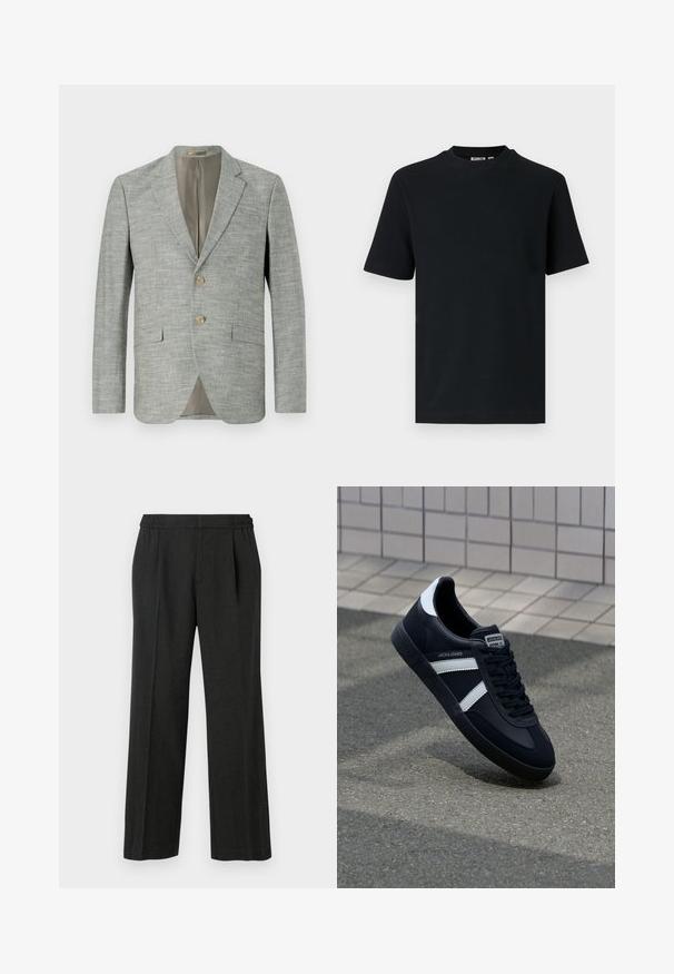 Lysegrå blazer i tekstureret stof med to forlommer, slå-om krave og to knapper. Indvendigt foret i beige.; Sort kortærmet ribstrikket T-shirt med rund hals og et lille synligt mærke indeni kraven.; Sorte vidde bukser med elastisk talje, plisseret front og glat tekstur. Ingen synlige mønstre eller hardwaredetaljer.; Sort lædersneaker med hvide striber, tekstureret gummisål og snørrebånd foran. Har et brandet mærke på tungen.