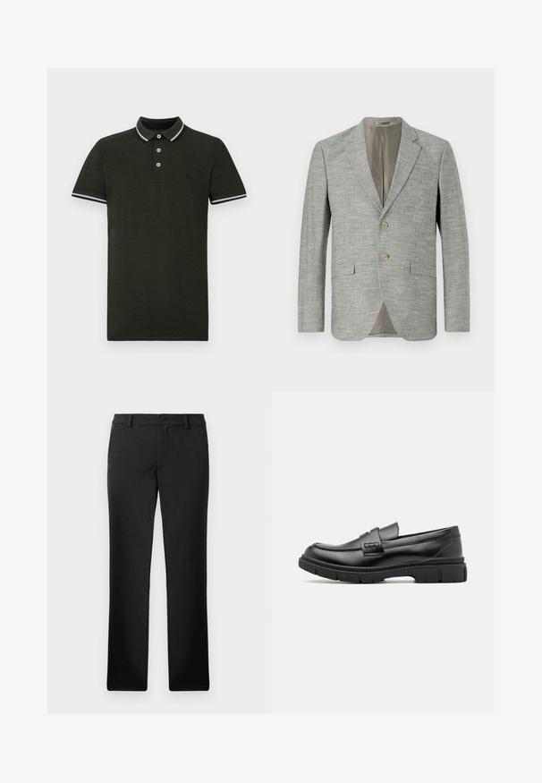 Blazer gris clair en tissu texturé, avec deux poches avant, des revers en notch et deux boutons. Doublure intérieure beige.; Polo shirt vert foncé en tissu texturé. Présente une patte de boutonnage à deux boutons, un col et des poignets à rayures blanches et marine contrastantes.; Pantalon noir droit sur mesure avec passants de ceinture, bouton devant et fermeture éclair, présenté à plat sur fond blanc.; Mocassin en cuir noir avec une large sangle sur le devant, semelle en caoutchouc à épaisse rainure, et texture lisse. Design classique et élégant.