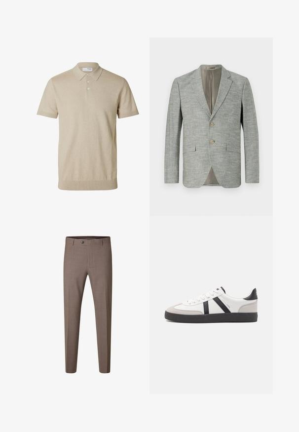 Hellgrauer Blazer aus strukturiertem Stoff, mit zwei vorderen Taschen, Reverskragen und zwei Knöpfen. Innenfutter in Beige.; Beiges kurzärmeliges Poloshirt mit Kragen und drei Knöpfen, gerippte Bündchen an Ärmeln und Saum, einfarbiger Strickstoff.; Braune Slim-Fit formelle Hose mit Knopf und Gürtelschlaufen, vor weißem Hintergrund dargestellt.; Weiße Sneaker mit schwarz- und grau-aczenten, ausgestattet mit einer strukturierten grauen Zehenkappe, schwarzer Gummi-Sohle und flachen weißen Schnürsenkeln. Sauberes Design, minimalistische Stil.