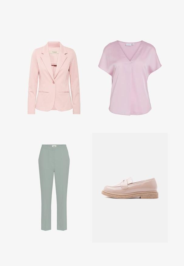 Lyserød blazer lavet af blødt stof. Den har en klassisk krave, enkelt knaplukning, to sidelommer og lange ærmer.; Lyserød kortærmet bluse med V-udskæring og løs pasform, lavet af glat stof, med en lille frontplisse-detalje.; Lysgrønne, lige ben bukser med en glat tekstur og en mellem høj talje, der har minimal syning og ingen synlige lommer.; Blank lyserød loafer med en struktureret brun sål og en matchende rem over overdelen, vist i profil på en lys baggrund.