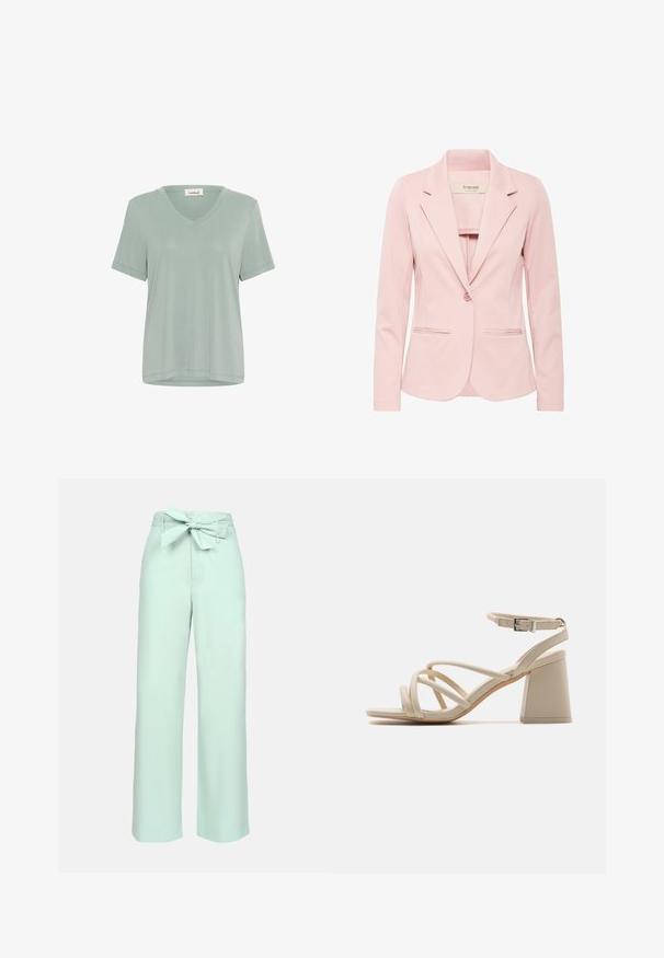Helle rosa Blazer aus weichem Stoff. Er hat ein klassisches Revers, einen Einzelknopf-Verschluss, zwei seitliche Taschen und lange Ärmel.; Weiches, hellgrünes T-Shirt mit V-Ausschnitt und kurzen Ärmeln. Hergestellt aus glattem Stoff, mit lockerer Passform und minimalen Nähten.; Helle mintgrüne, weit geschnittene Hosen aus einem weichen, strukturierten Stoff. Sie verfügen über eine hohe Taille mit einer gebundenen Schleifendetail.; Beige High-Heelsandalen mit überkreuzten Riemen, einem Knöchelverschluss und einem quadratischen Blockabsatz für Stabilität. Glatte, lederähnliche Oberfläche.