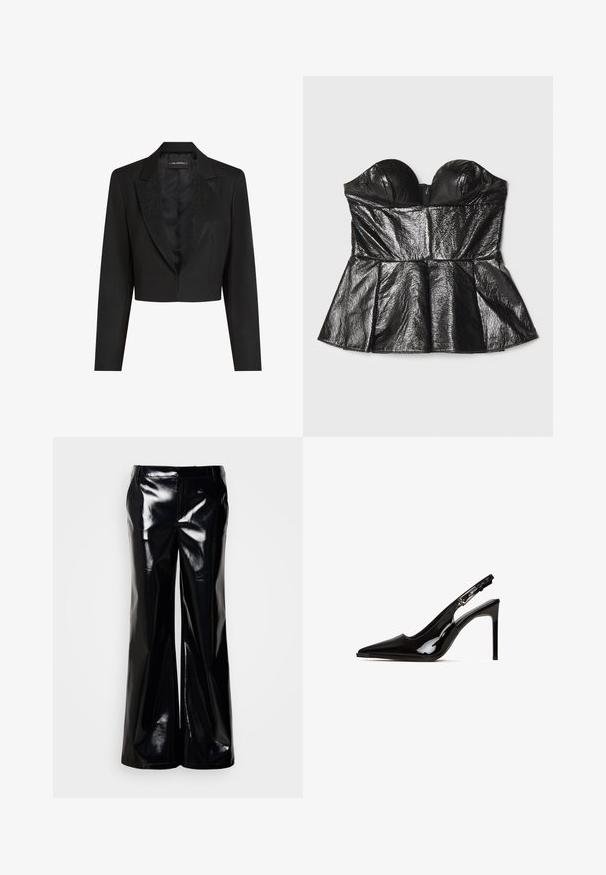 Sort cropped blazer lavet af glat stof med satinfinish. Har en blank sort pailletkrave og en enkelt lukning foran.; Sara Battaglia SWEETHEART - Top - black; Sorte bukser med vide ben lavet af blankt, glinsende materiale; har en glat tekstur og en skræddersyet talje uden synlige lukninger eller pynt.; Sort patentlæder slingback hæl med spids tå og stiletto hæl. Har et udsnit design og justerbar rem med metalhardware.