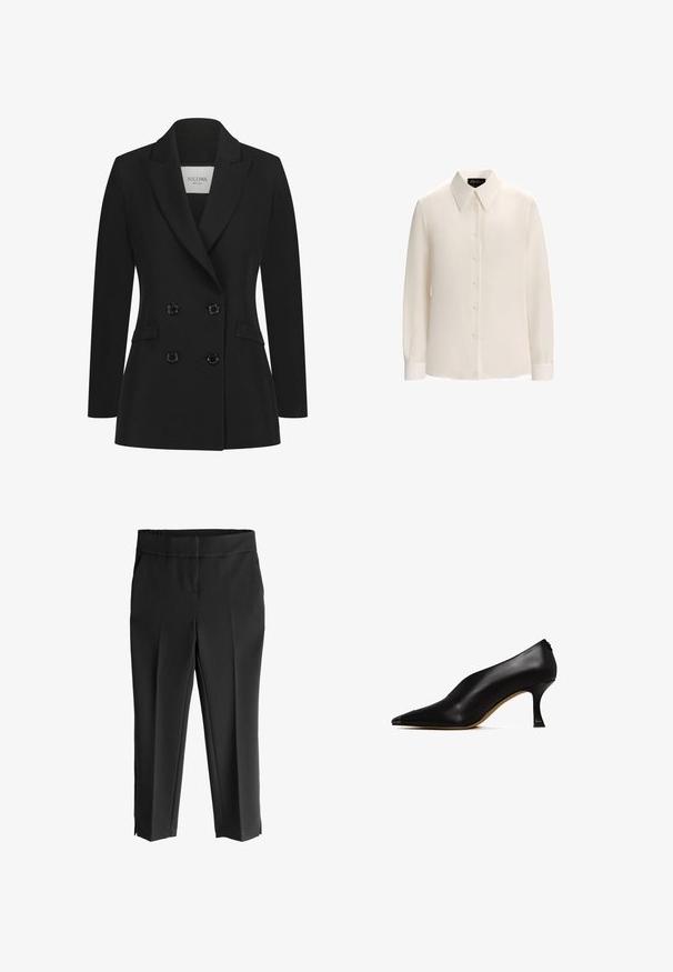 Zwarte dubbelgevoerde blazer van soepel materiaal, met inkepingen in de revers, twee zijzakken en zes zwarte knopen aan de voorkant.; Witte blouse met lange mouwen en een puntige kraag, acht knopen sluiting en knoopmanchetten, gemaakt van een gladde, lichte stof.; Zwarte op maat gemaakte broeken met een zachte textuur, voorzien van een brede tailleband, twee zijzakken en openingen aan de zoom voor een moderne afwerking.; Zwarte leren hoge hak schoen met een spitse neus en een slanke, gebogen hak. Kenmerkt zich door een gladde textuur en een minimalistisch ontwerp.