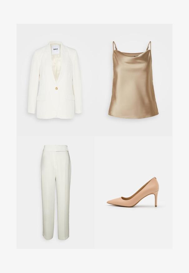 Blazer blanc avec un seul bouton doré, revers pointus, deux poches avant et une doublure satinée. Design simple et ajusté.; Camisole en satin beige clair avec de fines bretelles et un décolleté doucement drapé, présentant une texture lisse et brillante.; Halston KARTER WEDDING PANT - Pantalon classique - chalk; Escarpin nude en cuir à talons hauts, à bout pointu, avec une texture lisse et un talon fin. Design minimaliste avec un décolleté bas.