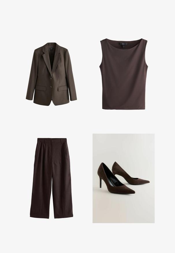 Blazer entallado de color marrón oscuro con dos botones, solapas con muesca, mangas largas y bolsillos con solapa en la parte delantera.; Blusa sin mangas de color marrón oscuro con escote barco y una etiqueta de marca negra que dice "NEXT" en el cuello.; Pantalones de pierna ancha de color marrón oscuro con cintura alta, trabillas para cinturón, bolsillos laterales y pinzas delanteras, hechos de una tela lisa.; Tacones altos de ante marrón con punta afilada y una silueta elegante. Los zapatos presentan un interior negro brillante y un tacón de aguja delgado.