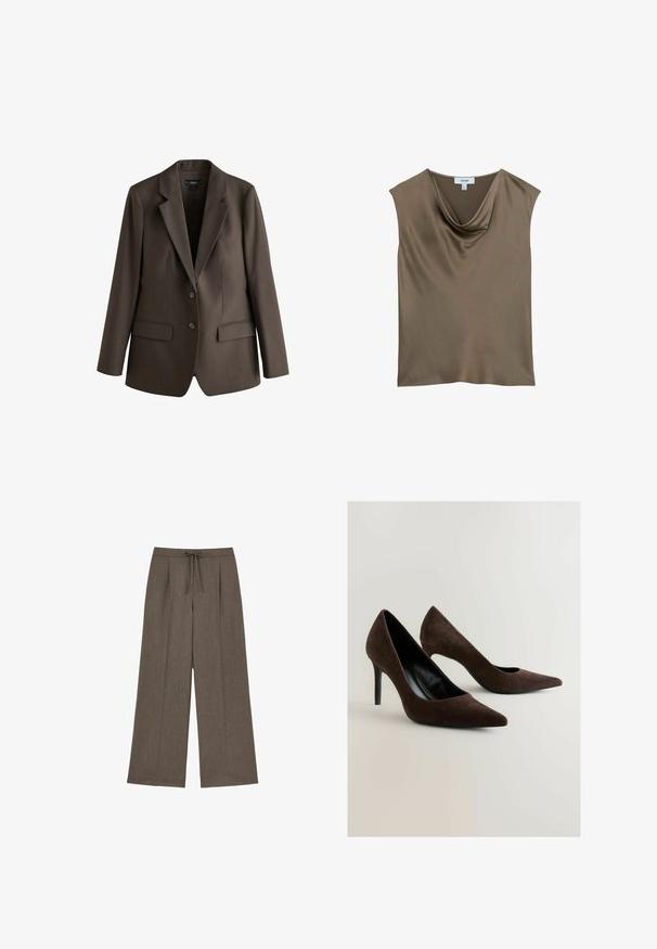 Blazer marron foncé ajusté avec deux boutons, revers crantés, manches longues et poches à rabat à l'avant.; Blouse sans manches en satin taupe avec un col bénitier drapé et une texture lisse et fluide.; Pantalon marron à jambes larges, taille haute et fermeture à cordon noué à l'avant.; Escarpins en suède marron avec un bout pointu et une silhouette élégante. Les chaussures présentent un intérieur noir brillant et un talon aiguille fin.
