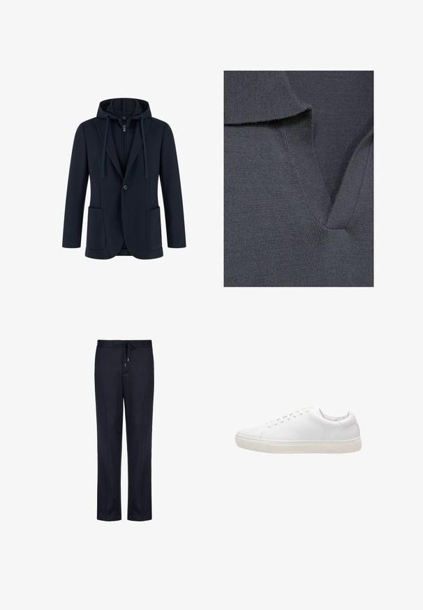 Marineblaue Jacke mit Kapuze und Frontreißverschluss, ausgestattet mit zwei großen aufgesetzten Taschen, Knopfverschluss und einem strukturierten Design.; Grauer gestrickter Oberteil mit V-Ausschnitt, der eine strukturierte Oberfläche und einen gerippten Kragen aufweist. Der Stoff wirkt weich und flexibel.; Marineblaue Jogginghosen aus weichem Stoff, mit einem elastischen Bund und Kordelzug, gerader Beinform und ohne sichtbare Muster.; Weiße Leder-Sneaker mit glatter Textur, runder Zehenpartie, Schnürverschluss und flacher Gummisohle. Minimalistisches Design ohne sichtbare Muster.