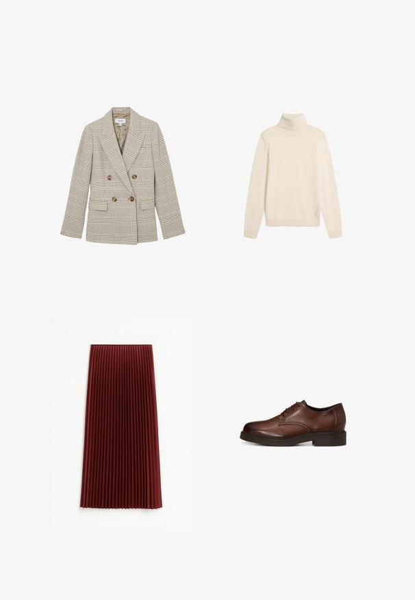 Beige en bruin geruit blazer met dubbele knoopsluiting, brede revers, vier bruine knopen en klepzakken, met label REISS, maat 6 UK.; Roomkleurige, coltrui met lange mouwen, geribbelde manchetten en zoom, plat neergelegd op een witte achtergrond.; Plissé midi-rok in diep rood, met een gestructureerde stof en gelijkmatig verdeelde verticale plooien. De zoom valt rond de middenkuit.; Bruine leren herenschoen met vetersluiting en lage hak, zijaanzicht op een witte achtergrond.