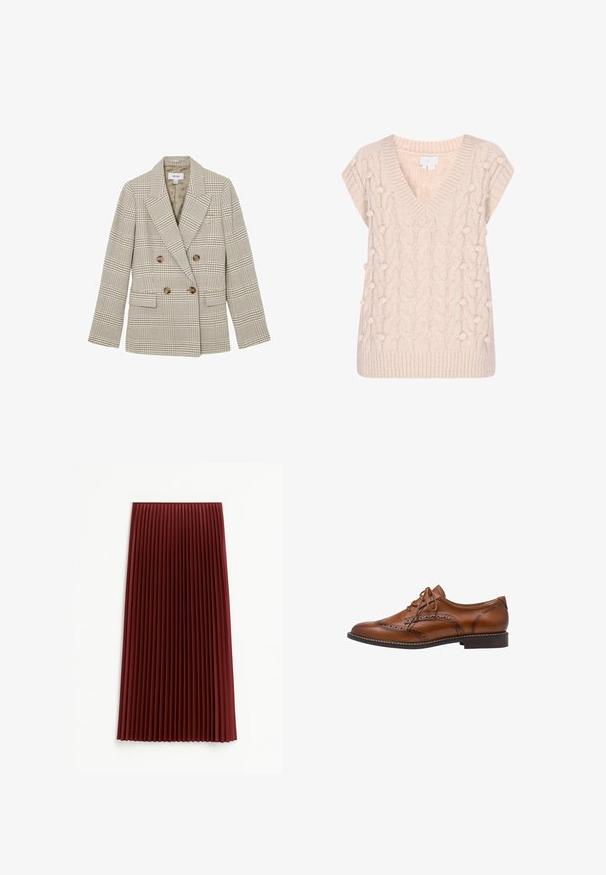 Beige en bruin geruit blazer met dubbele knoopsluiting, brede revers, vier bruine knopen en klepzakken, met label REISS, maat 6 UK.; Gebreide mouwloze trui in crèmekleur met V-hals, kabelpatroon en verhoogde bobbeltjes aan de voorkant en zijkanten.; Plissé midi-rok in diep rood, met een gestructureerde stof en gelijkmatig verdeelde verticale plooien. De zoom valt rond de middenkuit.; Bruine leren brogue oxford schoen met wingtip-details, perforaties, veters en lage gestapelde hak op een witte achtergrond.