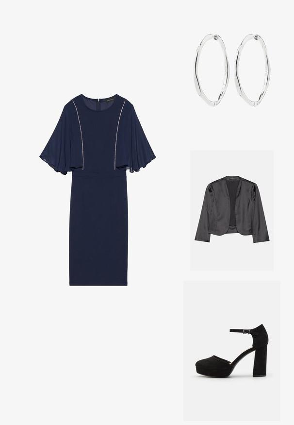 Blouson en satin noir avec une texture lisse, design à ouverte à l'avant, manches longues et silhouette minimaliste. Étiqueté "ANNA FIELD" à l'intérieur.; Robe bleu marine avec des manches courtes et volantes, un col rond, et des embellissements le long des coutures avant, conçue pour une silhouette ajustée.; Talons compensés en suède noir avec un gros talon carré, bout rond et bride de cheville fixée par une boucle en métal. Texture lisse sur l'ensemble.; Paire de boucles d'oreilles ovales torsadées en argent poli avec fermoirs à charnière, présentée sur fond blanc.