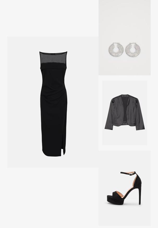 Blazer de satén negro con una textura suave, diseño de frente abierto, manga larga y silueta minimalista. Etiquetado "ANNA FIELD" en el interior.; Vestido midi negro sin mangas con canesú de malla transparente y una abertura lateral en la falda, diseñado con una silueta ajustada.; Sandalia de tacón alto de ante negro con suela de plataforma, tira en el tobillo con herrajes plateados, diseño de punta abierta y textura suave.; Aros de plata en forma de aro adornados con múltiples embellishments de cristal transparente, con una superficie texturizada y un diseño circular abierto.