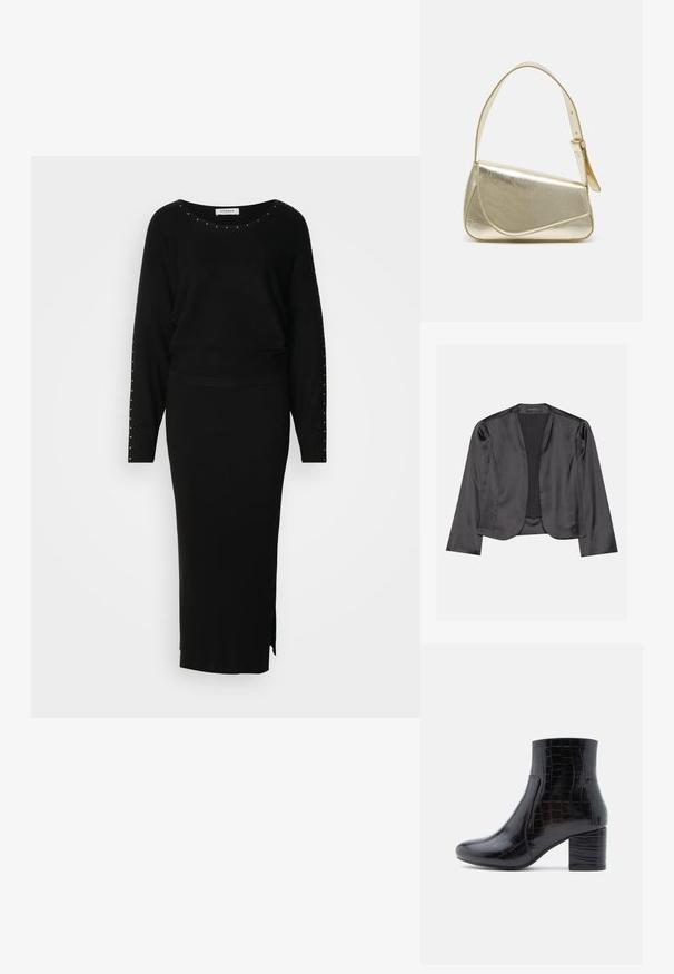Sort satin blazer med en glat tekstur, åben frontdesign, lange ærmer og minimalistisk silhuet. Mærket "ANNA FIELD" indeni.; Sort strikket to-dels outfit bestående af en langærmet top med nitter og en tætsiddende, ribbet maxiskirt med en sideslids.; Sort ankelstøvle lavet af skinnende læder med krokodillepræg. Har en rundet tå og en kraftig blokhæl. Glat tekstur og elegant design.; Guldmetallisk håndtaske med et struktureret design, glat tekstur og justerbar rem. Har en unik trekantet form og minimalistisk syning.