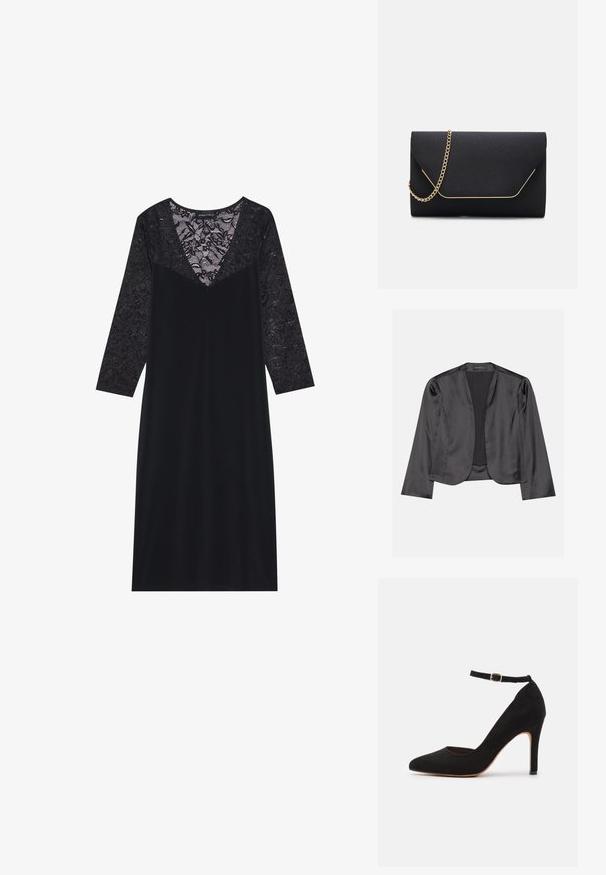 Blouson en satin noir avec une texture lisse, design à ouverte à l'avant, manches longues et silhouette minimaliste. Étiqueté "ANNA FIELD" à l'intérieur.; Robe noire avec un corsage en dentelle, des manches longues et un décolleté en V profond. Tissu lisse avec une texture en dentelle et un motif floral sur les manches.; Chaussure à talon haut en daim noir avec un bout pointu et une bride de cheville. Présente une boucle en or et un talon mince et effilé.; Pochette noire au toucher lisse, dotée d'une chaîne en or et d'une fermeture à rabat géométrique rehaussée de doré.