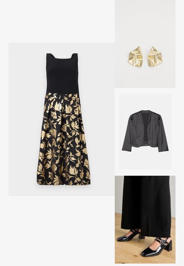 Blazer de satén negro con una textura suave, diseño de frente abierto, manga larga y silueta minimalista. Etiquetado "ANNA FIELD" en el interior.; Vestido sin mangas con corpiño negro ajustado y falda plisada con patrones florales dorados sobre un fondo negro.; Zapatos de charol negro tipo slingback con puntera cuadrada, que cuentan con dobles correas ajustables en el tobillo y tacones en bloque. Acabado suave y brillante.; Pendientes metálicos dorados con un diseño ondulado; superficie lisa y reflectante; forma asimétrica; sin patrones o elementos visibles.