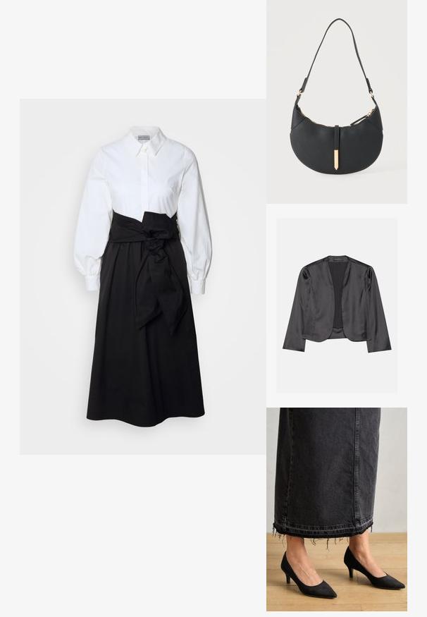 Sort satin blazer med en glat tekstur, åben frontdesign, lange ærmer og minimalistisk silhuet. Mærket "ANNA FIELD" indeni.; Hvid skjorte med lange pufærmer, parret med en sort nederdel og et stoffsnor bundet om taljen, lavet af glat bomuldsstof.; Sorte ruskindpumps med spids tå og en 3 tommer hæl, parret med en lang, mørk denimskørt med frynset kant.; Sort håndtaske formet som en halvmåne med en enkelt rem, guld lynlås og en guldfarvet rektangulær dekorativ fane foran.