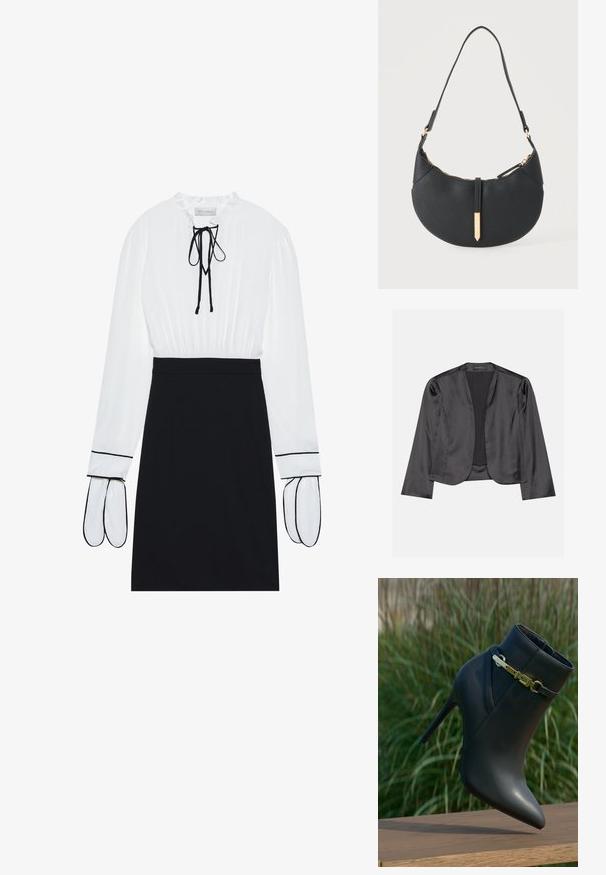 Čierny saténový blazer s hladkým povrchom, otvoreným predným dizajnom, dlhými rukávmi a minimalistickou siluetou. Vo vnútri označené "ANNA FIELD".; Biela blúzka s zbrúseným výstrihom a šnúrkou; čierna priliehavá sukňa s kontrastnou bielou výšivkou na rukávoch. Hladká textúra látky.; Čierna členková topánka na vysokom podpätku s špicatou špičkou a zlatou prackou, vystavená na drevenom povrchu s pozadím zeleného lístia.; Čierna kabelka v tvare polmesiaca s jedným remienkom, zlatým zipsom a zlatou obdĺžnikovou dekoratívnou záložkou vpredu.