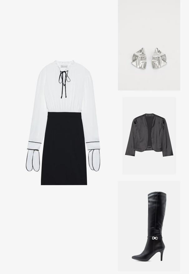 Blouson en satin noir avec une texture lisse, design à ouverte à l'avant, manches longues et silhouette minimaliste. Étiqueté "ANNA FIELD" à l'intérieur.; Blouse blanche avec un col froncé et un cordon de serrage ; jupe noire ajustée avec des passepoils blancs contrastants sur les manches. Texture de tissu lisse.; Botte en cuir noir montante avec un bout pointu, un haut talon aiguille et un détail décoratif en boucle en argent autour de la cheville.; Boucles d'oreilles en métal argenté avec un design ondulé et sculptural, présentant une finition polie et des formes irrégulières, mettant en valeur une esthétique contemporaine.