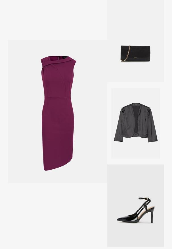 Zwart satijnen blazer met een gladde textuur, open voorkant, lange mouwen en een minimalistisch silhouet. Binnenin gelabeld als "ANNA FIELD".; Mouwloze pruimkleurige knielange jurk met asymmetrische halslijn en aansluitende silhouet.; Zwarte lakleren hoge hak slingback schoenen met spitse neus, verstelbare enkelband en open zijkanten. Gladde textuur.; Zwarte clutch tas gemaakt van suede met een textuurafwerking, voorzien van een gouden schouderband en een strakke, hoekige vorm.