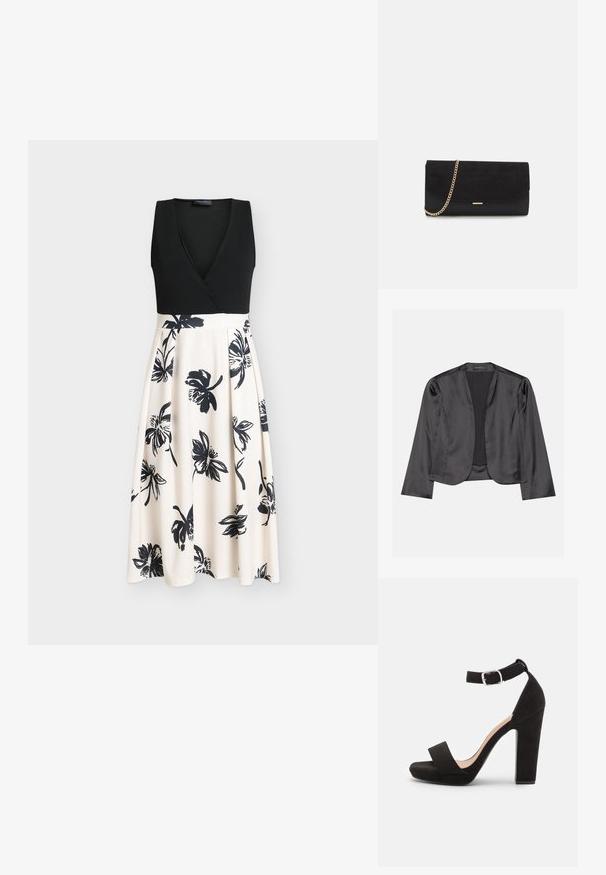 Blazer de satén negro con una textura suave, diseño de frente abierto, manga larga y silueta minimalista. Etiquetado "ANNA FIELD" en el interior.; Vestido negro sin mangas con un top cruzado y una falda beige fluida con estampados florales negros. Tela suave con un corpiño ajustado.; Anna Field by Zalando Sandalias - black; Bolso de mano negro hecho de ante con un acabado texturizado, que presenta una cadena dorada y un diseño elegante y angular.