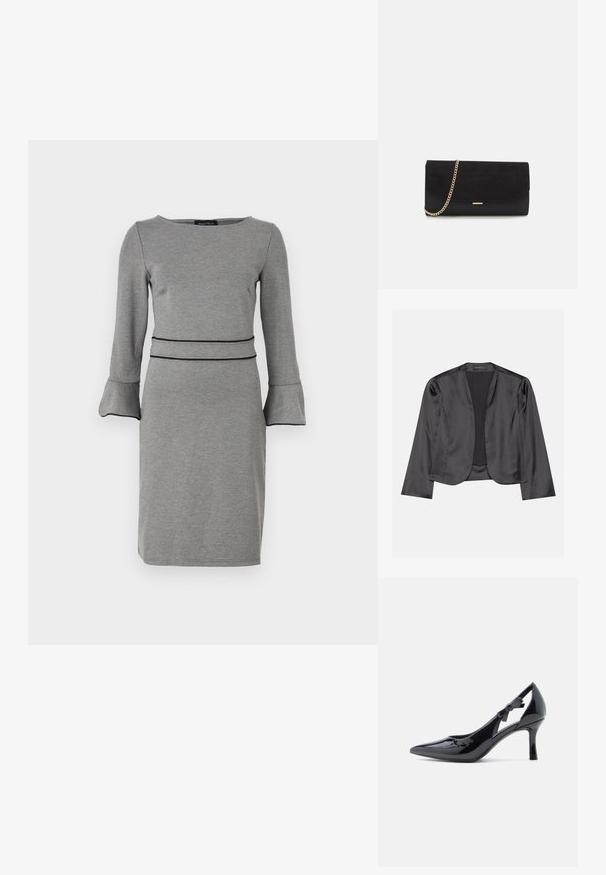 Sort satin blazer med en glat tekstur, åben frontdesign, lange ærmer og minimalistisk silhuet. Mærket "ANNA FIELD" indeni.; Grå kjole lavet af blødt stof med lange ærmer, udvidede manchetter, en rund halsudskæring og en markerende sort taljedetalje.; Sort laklæder højhælet pumpe med spids snude, ankelrem prydet med en sløjfe og en slank stiletthæl.; Sort clutch taske lavet af ruskind med en struktureret overflade, udstyret med en guld kædestrop og et elegant, kantet design.