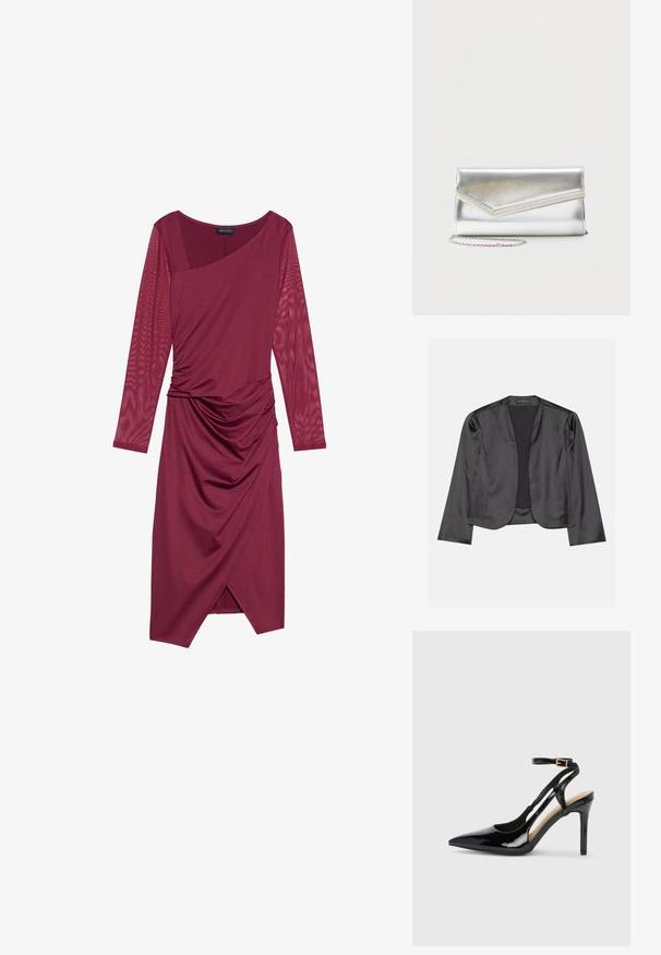 Blazer de satén negro con una textura suave, diseño de frente abierto, manga larga y silueta minimalista. Etiquetado "ANNA FIELD" en el interior.; Vestido burdeos con mangas largas y transparentes, escote asimétrico, cuerpo drapeado y detalles fruncidos en la cintura, con un dobladillo hasta la rodilla.; Zapato de charol negro de tacón alto, tipo slingback, con punta afilada, correa ajustable en el tobillo y lados abiertos. Textura lisa.; Bolso clutch plateado brillante con solapa de estilo sobre y adorno decorativo, pequeña correa de cadena plateada, sobre fondo liso claro.
